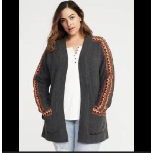 Old Navy Open Front Cardigan Sweater - Grey with Aztec Trim down the sleeves - Picture 1 of 13